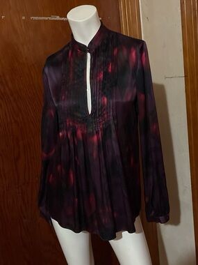 Theory Purple Black Bianca Vague Silk Pleated Keyhole Long Sleeve Blouse